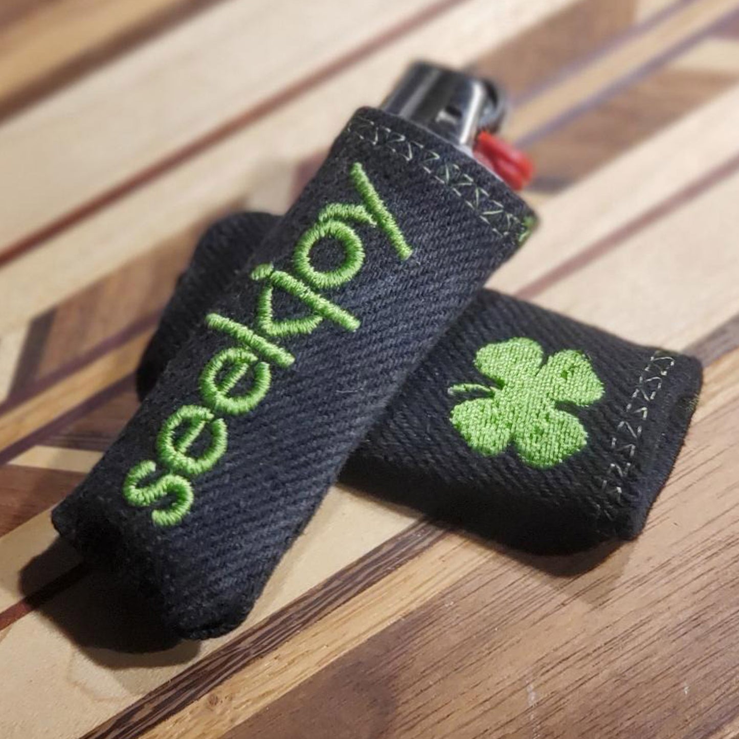 Upcycled Lighter Sleeve - Shamrock - Green on Black Denim