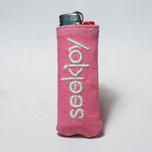 Upcycled Lighter Sleeve - White on Pink Denim